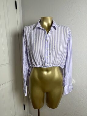Savage x Fenty COASTAL WOVEN VOILE PURPLE STRIPED CROP TOP W/ DRAWSTRING - S